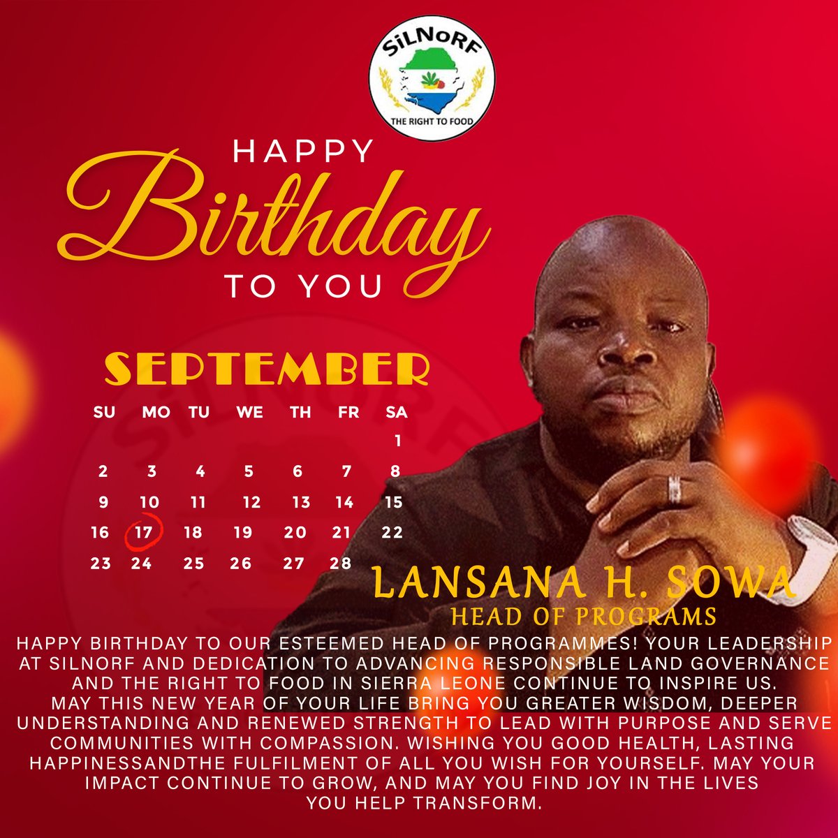 silnorf_'s tweet photo. Happy Birthday to our esteemed HoP! 

Your leadership at SiLNoRF and dedication to advancing responsible land governance and the right to food in Sierra Leone continue to inspire us. 

May your impact continue to grow, and may you find joy in the lives you help transform https://t.co/NF0LFItViw