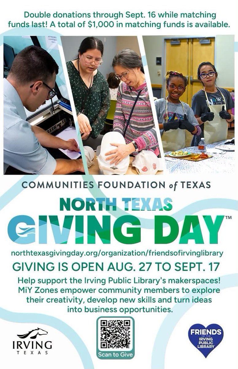 irvinglibrary's tweet photo. Calling all IPL supporters!! 

UPDATE:  Today is the main event and the Friends of the Irving Public Library are only $700 away from their goal! 

Help them bring it home and donate before 11:59pm tonight!

This year, the goal is to enhance and expand the MiY Zone makerspaces! https://t.co/4TSSH2st3e