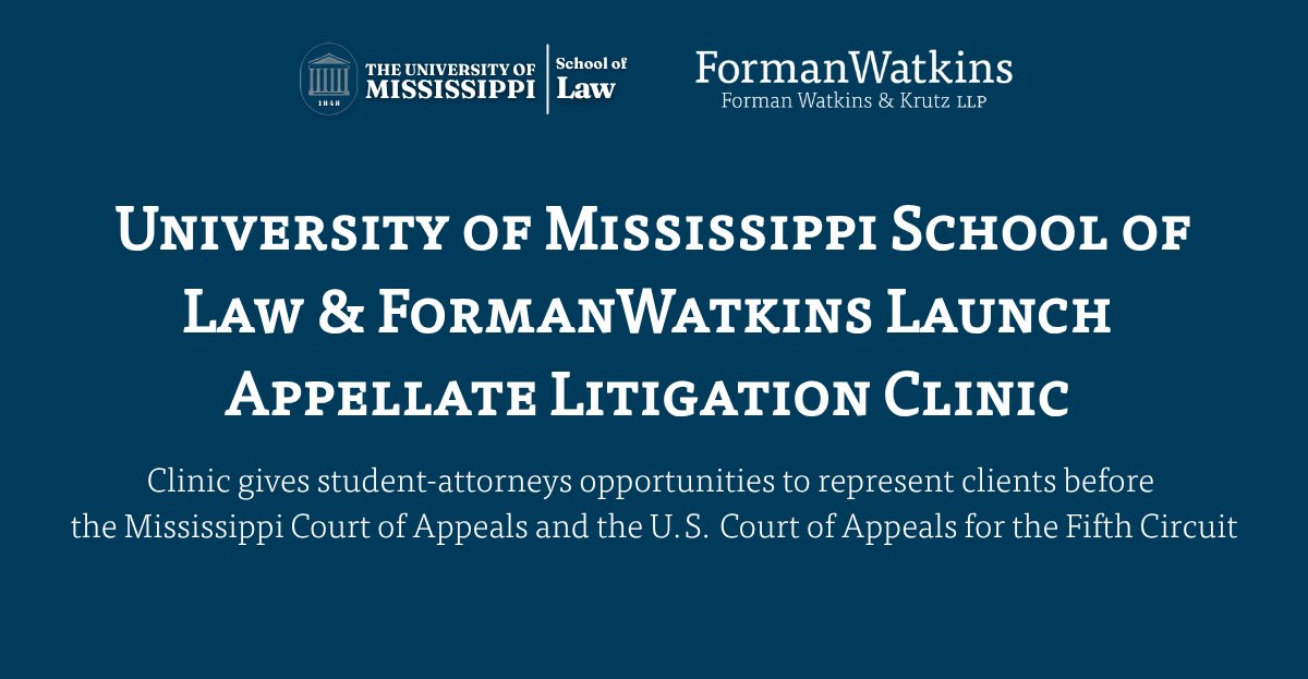 FormanWatkins's tweet photo. @umlaw1854 new Appellate Litigation Clinic, sponsored by FormanWatkins, has students already writing briefs in 3 active cases just weeks into the semester. Read more: https://t.co/c7DtXhMI2D https://t.co/4MZoNCw0B3