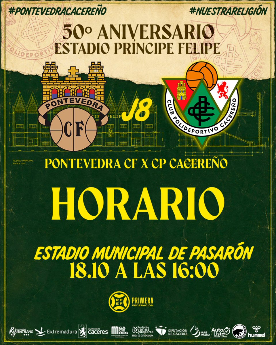 CPCacerenoSAD's tweet photo. 📋 Horario
⚽️ Jornada 8
🆚 @PontevedraCFSAD 
🏟️ Estadio Municipal de Pasarón
📅 Domingo 18 de octubre
🕓 16:00 https://t.co/bIrc2Fs6kr
