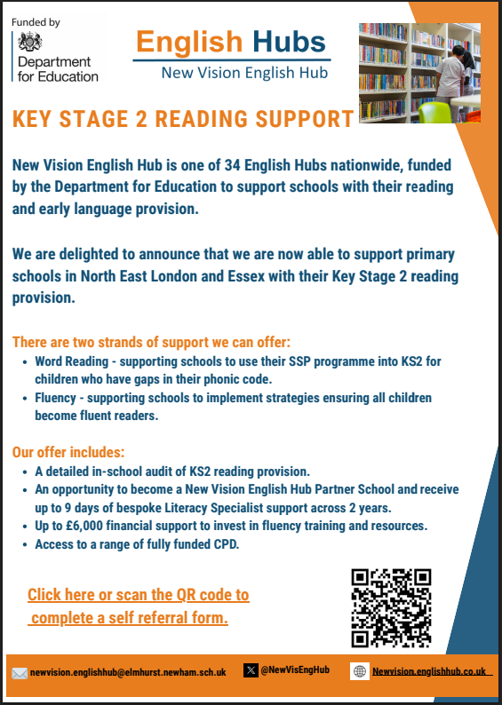 NewVisEngHub's tweet photo. We are delighted to announce that we can now offer support to primary schools across North East London and Essex to strengthen and develop their Key Stage 2 reading provision.
Register your interest and complete a self-referral: https://t.co/iSdnlyTLTs https://t.co/8Xs2dGoJB5