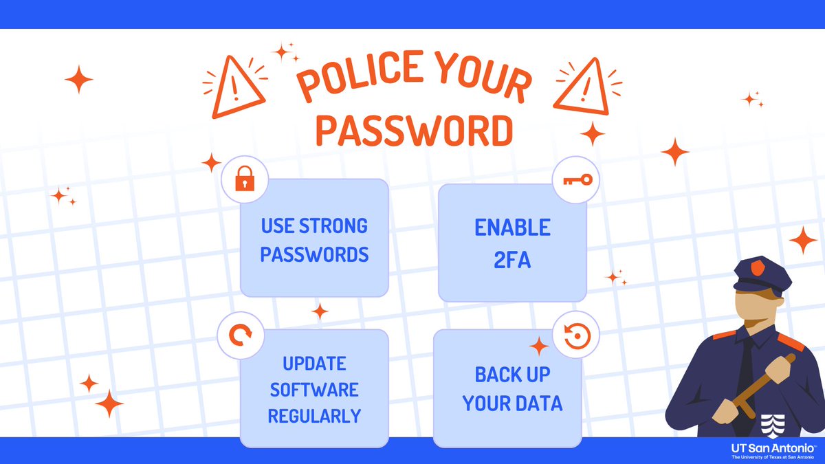 ETS_UTSA's tweet photo. Strong passwords = stronger protection. Update them regularly, keep them private, and make it harder for hackers to access your accounts. Smart students stay secure! #TechSolutions #TechCafé #ThinkAboutItThursday https://t.co/y38hRNg2LQ