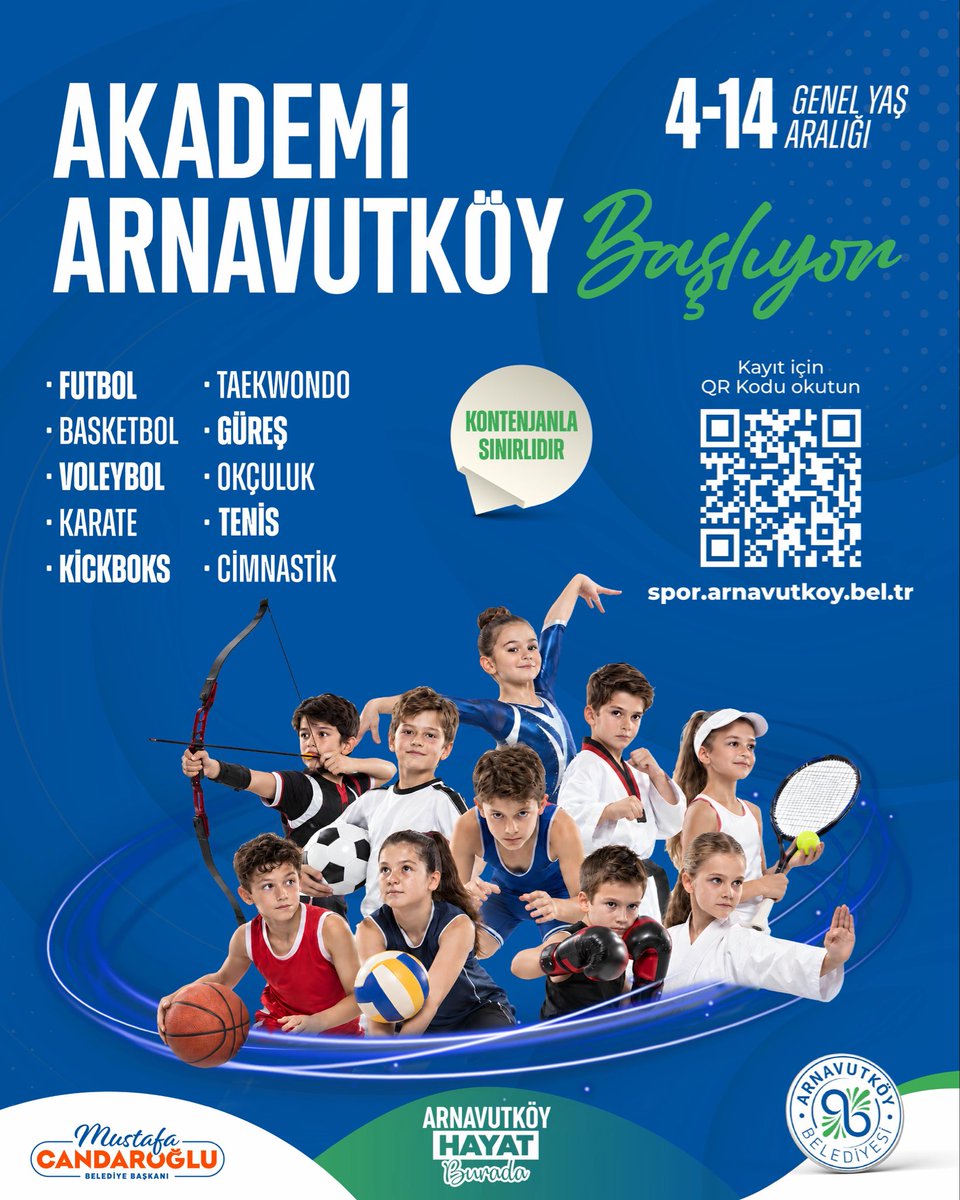 ArnavutkoyBel's tweet photo. 🏅 Akademi Arnavutköy başlıyor!

4–14 yaş aralığındaki çocuklarımızı 10 farklı branşta sporun heyecanını yaşamaya, yeni beceriler kazanmaya ve yeteneklerini geliştirmeye davet ediyoruz. 👧🧒

🔗 Bilgi ve kayıt: https://t.co/BGPzrvn4kj

#ArnavutköyHayatBurada
#MustafaCandaroğlu https://t.co/LwLVlNp2Gw