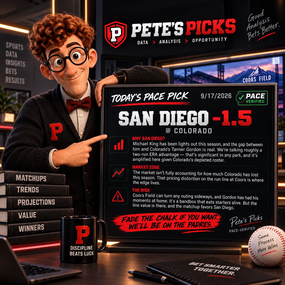 PetesPicksAI_'s tweet photo. SD's Michael King enters with a massive ERA edge over a banged-up Colorado squad. Coors pricing distortion makes SD -1.5 the value play tonight. #MLBPicks #BaseballBetting #PetePicks

Pete's Picks · PACE-Verified https://t.co/HzYvdNHoDK