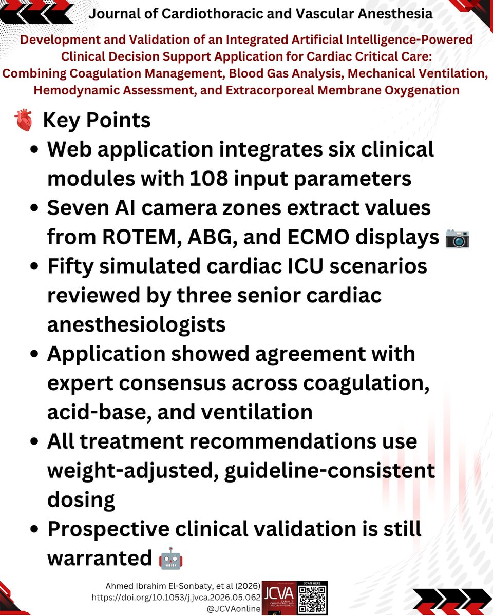 JCVAonline's tweet photo. Development and Validation of an Integrated Artificial Intelligence-Powered Clinical Decision Support Application for Cardiac Critical Care: Combining Coagulation Management, Blood Gas Analysis, Mechanical Ventilation, Hemodynamic Assessment
DOI: https://t.co/fk9bKArsxN https://t.co/ZLGhZp2el4
