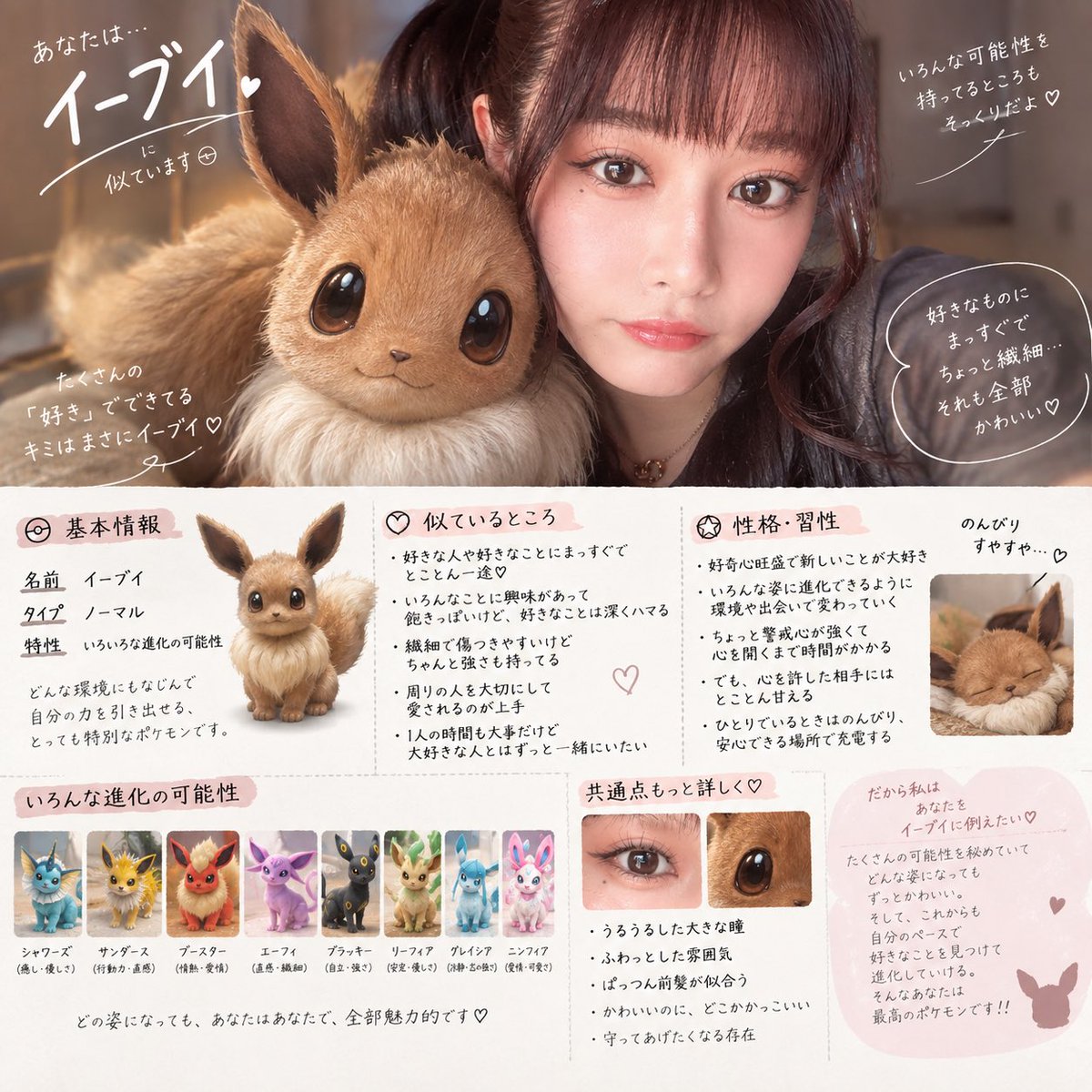 kou_aka_rani's tweet photo. プロンプト↓

私を動物に例えると？
動物のイラストはできるだけリアルにしてください。
動物の横に私の顔を沿うように描いてください。
動物との類似点や習性の説明も書いてください。

ポケモンの場合は動物のところポケモンに変えてね��� https://t.co/rdsAxvVJHB