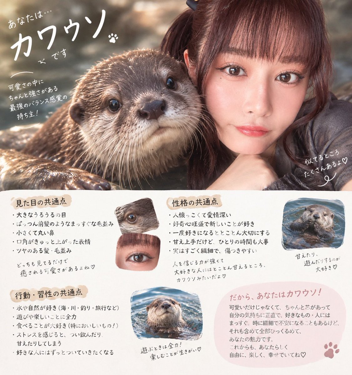 kou_aka_rani's tweet photo. プロンプト↓

私を動物に例えると？
動物のイラストはできるだけリアルにしてください。
動物の横に私の顔を沿うように描いてください。
動物との類似点や習性の説明も書いてください。

ポケモンの場合は動物のところポケモンに変えてね��� https://t.co/rdsAxvVJHB