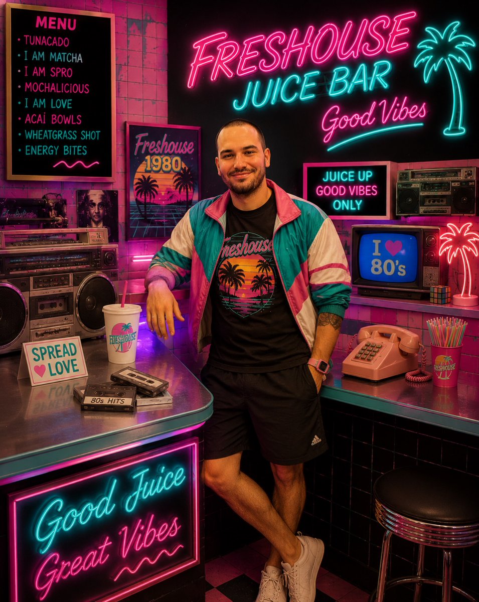 FlorineHarfhsx's tweet photo. Stepping back into the charm of the 1980s. If Anthony belonged to that era, this is how we imagined he’d look—keeping the neon alive. Be kind, rewind. Juicebar’s. https://t.co/BpZUItefjh