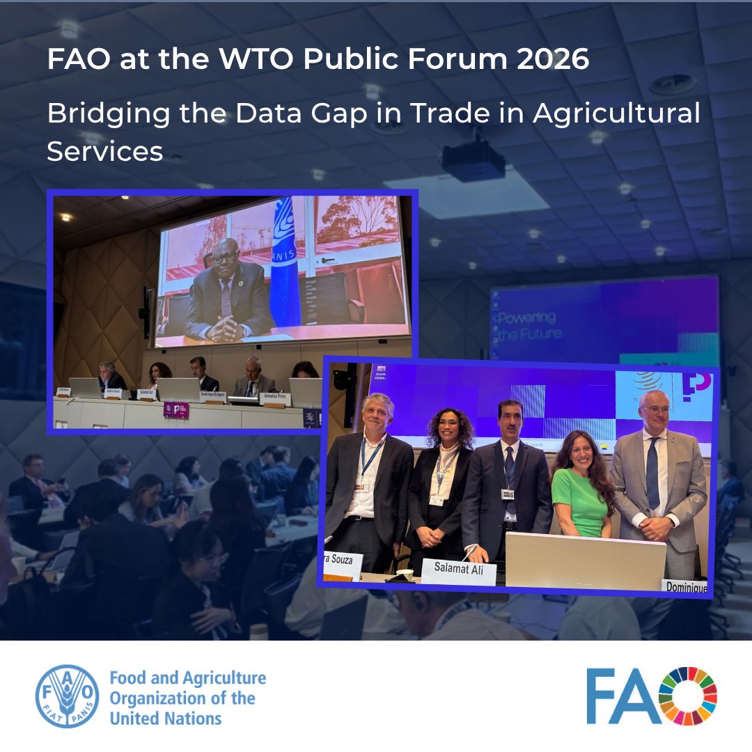 FAOGeneva's tweet photo. At the FAO session on #WTOPublicForum, experts from @FAO, @OECD, @TESSForum &amp; @worldfarmersorg explored data &amp; classification gaps in trade in agricultural services, and discussed policy, institutional &amp; statistical options to address them, including through stronger partnerships https://t.co/doeZYPJwOq