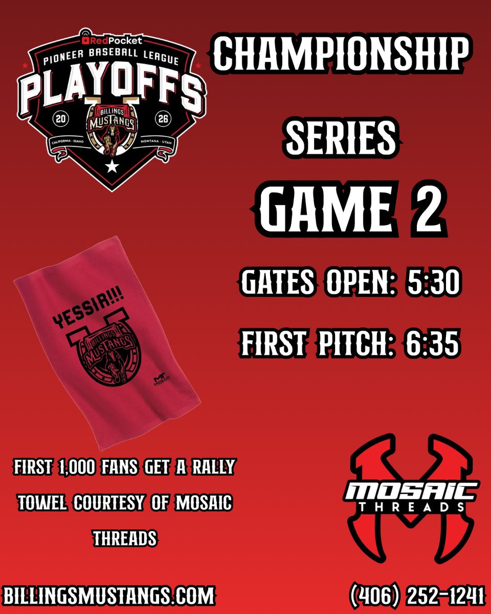 Mustangs's tweet photo. Gameday is almost back in Billings!🤠
Get tickets for tomorrow’s Championship Series Game 2! The Mustangs are one win away from being crowned PBL Champs and thanks to our friends at Mosaic Threads the first 1,000 fans will receive a Mustangs Rally Towel!
🎟️https://t.co/ftS3cmDMsk https://t.co/axDjDcCaRs