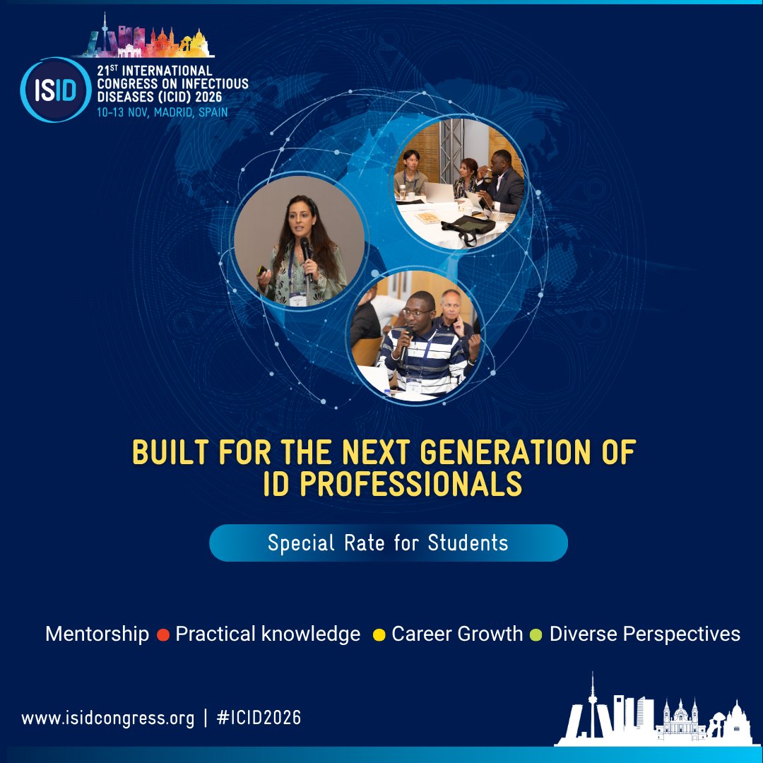 ISID_org's tweet photo. ๐ Start building your future in ID at #ICID2026!
Learn from experts, gain practical knowledge and build career connections. Discounted student rate available. Secure your place now: https://t.co/fHuUfw77EQ
#ISID #InfectiousDiseases #OneHealth #GlobalHealth #Madrid https://t.co/IZ5ufHbc2G