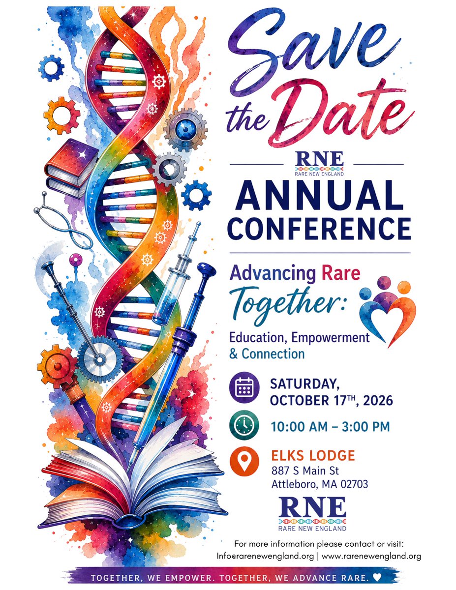 RareNewEngland's tweet photo. SAVE THE DATE! 
Date: October 17, 2026
Time: 10:00 AM – 3:00 PM
Location: Elks Lodge, 887 S. Main Street, Attleboro, MA 02703

#RareNewEngland #RareDisease #AdvancingRareTogether #RareConference #PatientAdvocacy #RareCommunity #Caregivers #Support #Education #Empowerment https://t.co/2QoqiiO73O