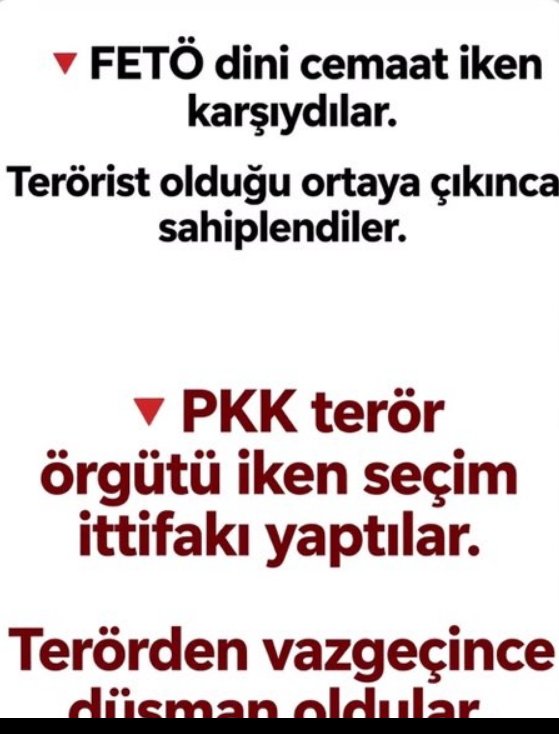 YAMTAR_666_'s tweet photo. Fetö dini cemaat iken karşıydılar
Terörist olduğu ortaya çıkınca sahiplendiler
PKK terör örgütü iken seçim ittifakı yaptılar 
Terörden vaz geçtiler düşman oldular https://t.co/7hnYxVsBX9