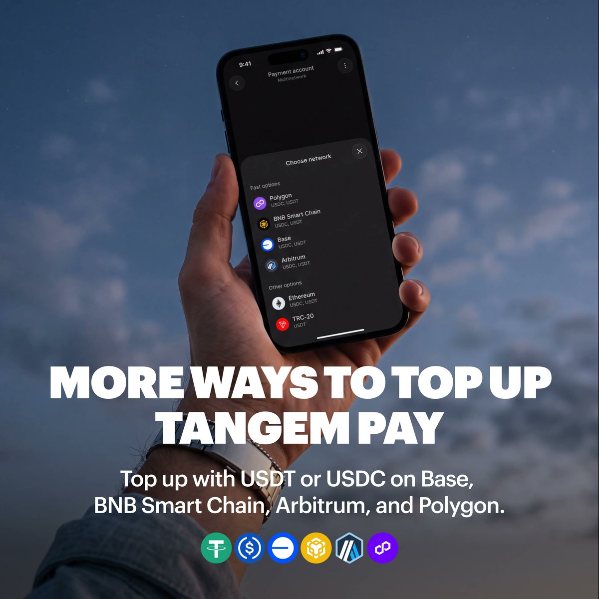 Tangem's tweet photo. Tangem Pay just got easier to fund.

$USDT is now supported for top-ups, alongside $USDC, on Base, Arbitrum, BNB Smart Chain, and Polygon.

Two ways you can top up:
> Swap from your Tangem Wallet to spending account 1:1, no spread, powered by @LiFiprotocol.
> Transfer from an external wallet on any supported network.

Spending stays in USDC on @0xPolygon, as usual.

More assets, more networks, one card.