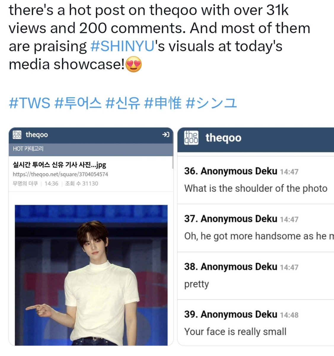 shinvelyu's tweet photo. shinyu definitely doesn't need to copy or ride on someone else's popularity to become popular or go viral. he can literally trend &amp; become the talk of the town just by breathing. he's at the TOP of his league, the one and only SHINYU. his name alone already speaks for itself☺️ https://t.co/nh6HJH8nRF