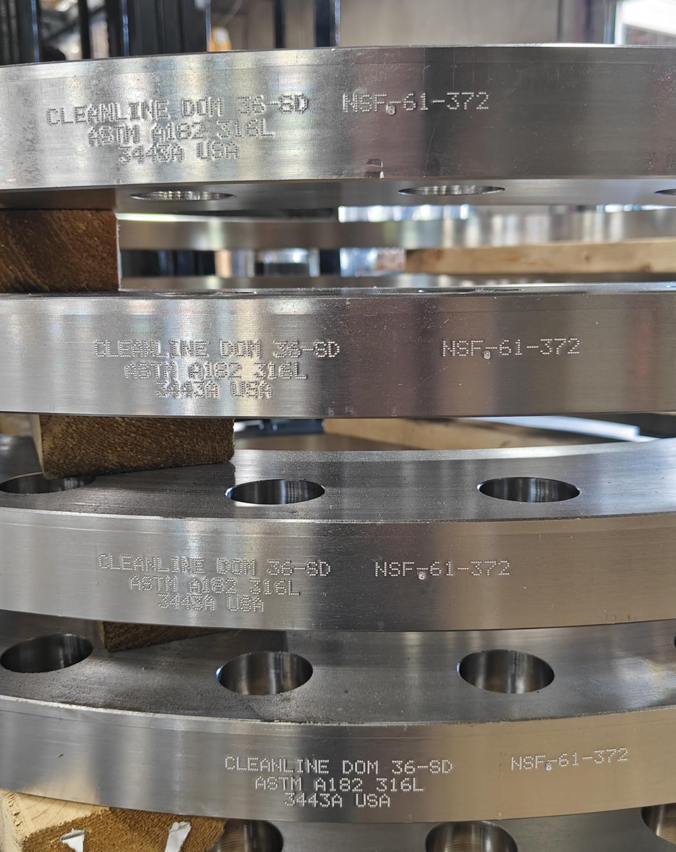apiint_US's tweet photo. Our flagship CleanLine order is heading out the door!

These Domestic NSF/ANSI/CAN 61 and NSF/ANSI/CAN 372 certified stainless steel flanges are stacked after machining and ready to ship.

Made to specification. Machined in-house. Ready to ship.
#CleanLine #NSF61 #NSF372 #Flanges https://t.co/ksdJrmO5RR