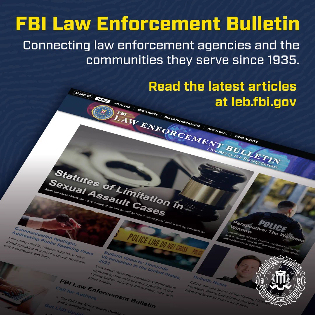 FBI Law Enforcement Bulletin homepage showing articles on police-related news. FBI seal located in lower right corner. 