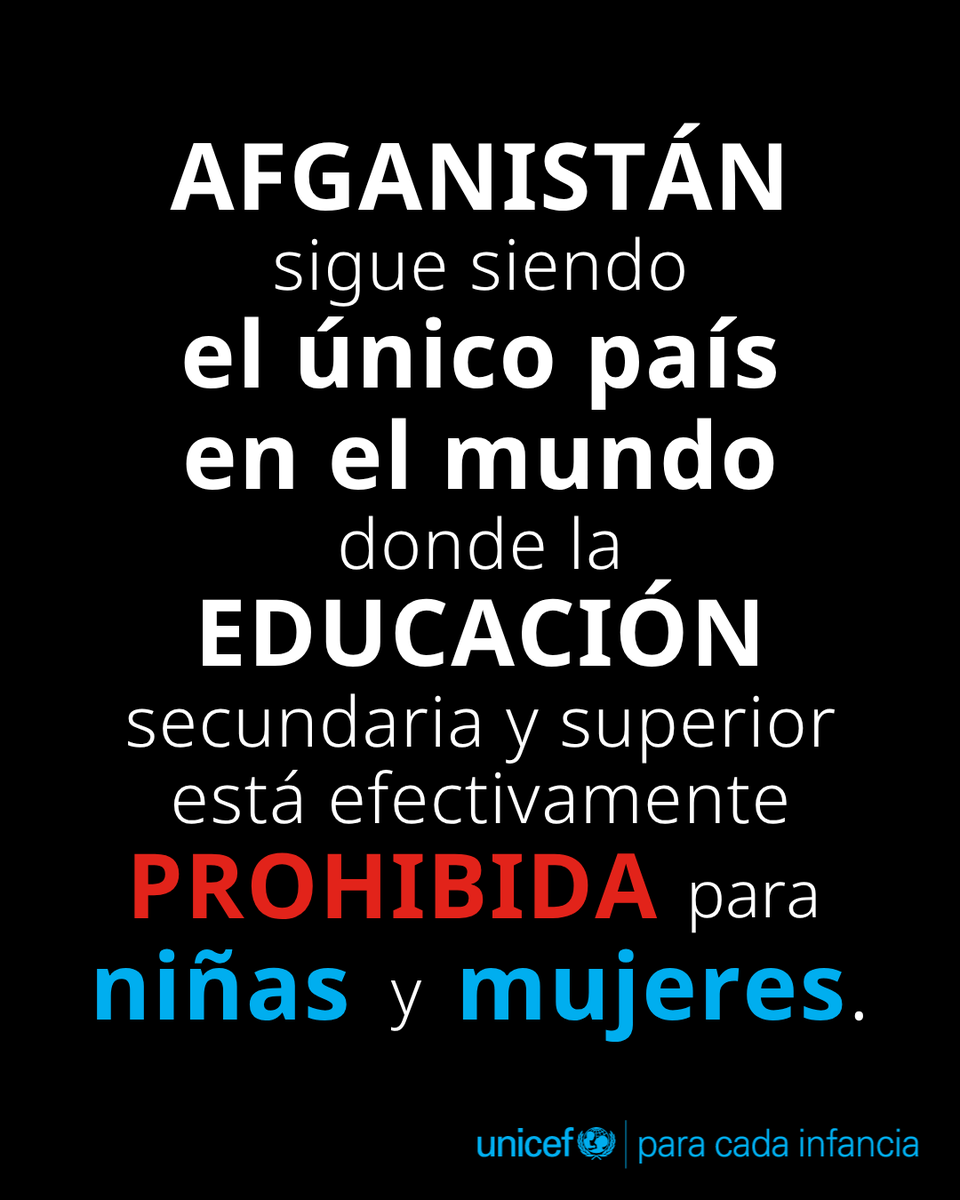 unicefenespanol's tweet photo. Más de 2,6 millones de niñas en Afganistán han sido privadas de educación secundaria en los últimos 5 años.

Instamos a las autoridades de facto a levantar las restricciones y garantizar que todas las niñas y jóvenes puedan volver a las escuelas y universidades. https://t.co/wdLRl7fc6L