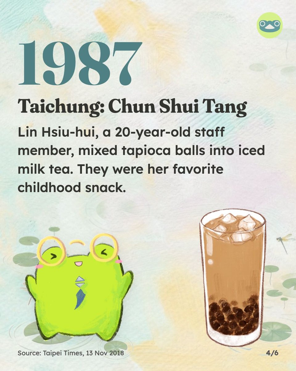 twfrogcast's tweet photo. Where was bubble tea invented?

Here in Taiwan, in the 1980s. Two tea shops say they made it first, Hanlin Tea Room and Chun Shui Tang. Both went to court. Neither could own the idea. 🧋

Sources: Taipei Times (2018), National Geographic (2024)

#Taiwan #BubbleTea https://t.co/8bPGFkDnc1