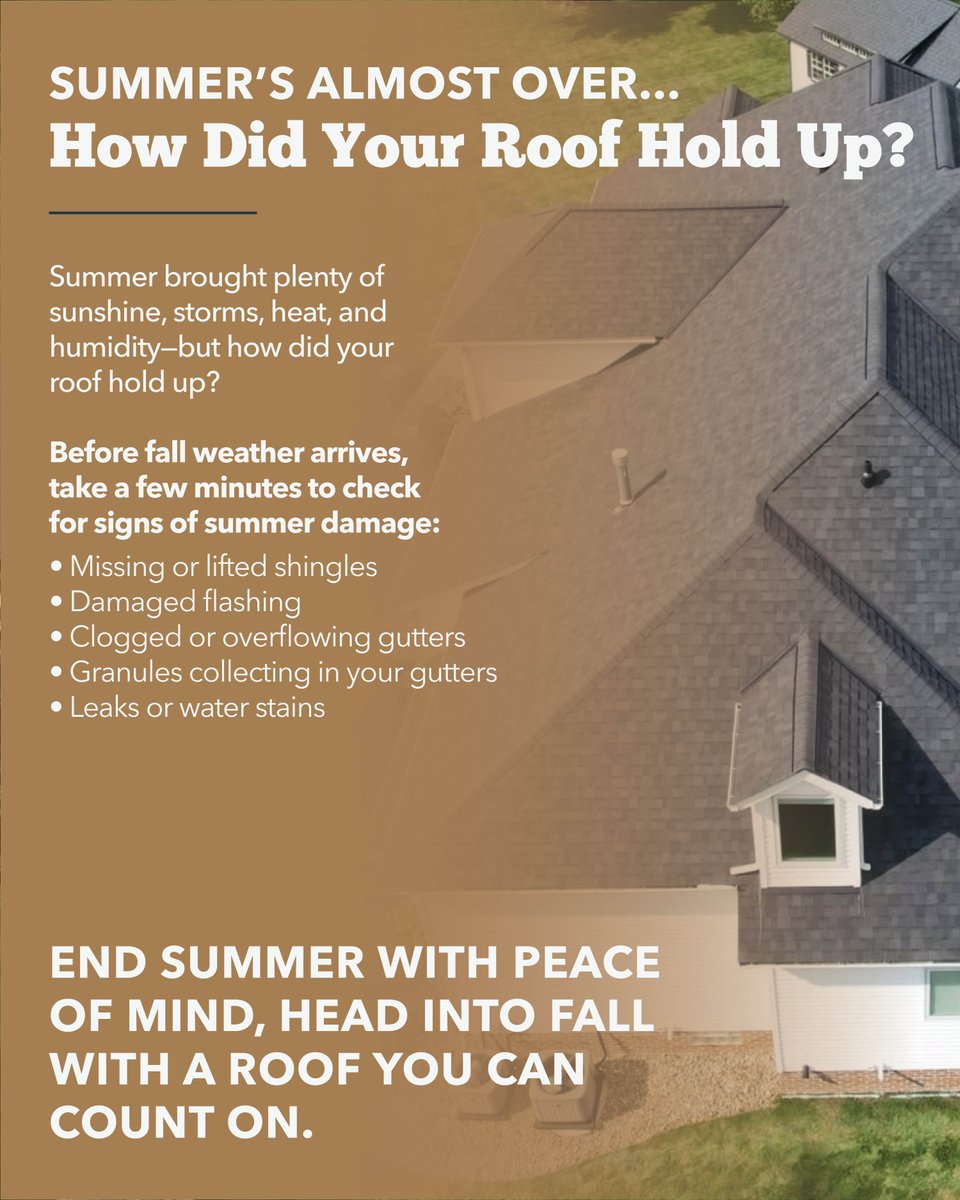 RJKRoofing's tweet photo. Summer may be winding down, but fall weather is on its way! Before the leaves start falling, take a look at your roof and gutters for signs of damage. A little maintenance now can help prevent bigger problems later! https://t.co/lMinvI93wH
