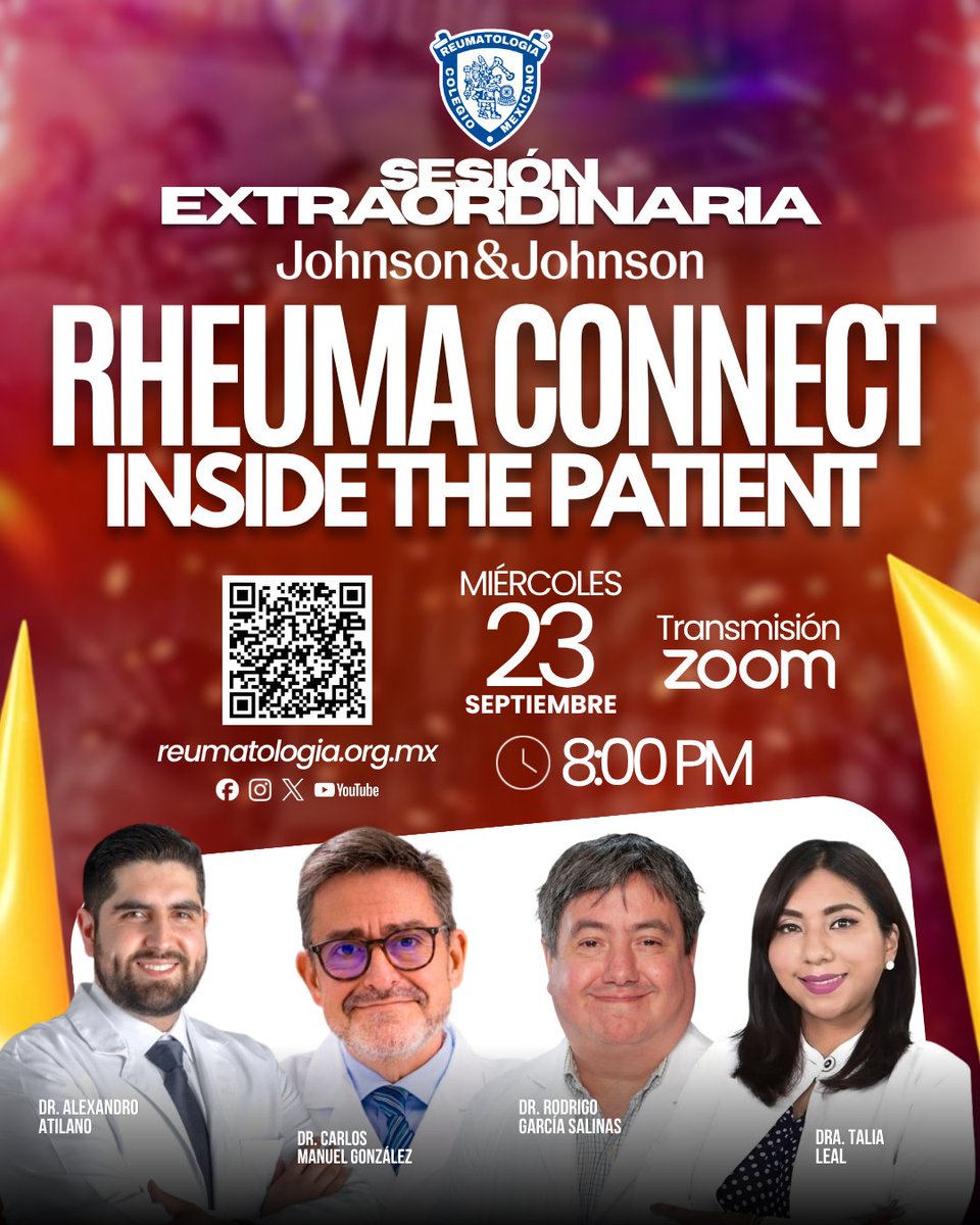 ColMexReuma's tweet photo. 🔴 SESIÓN EXTRAORDINARIA

RHEUMA CONNECT: Inside the Patient
🗓️ Miércoles 23 de septiembre | 🕗 8:00 PM | 💻 Zoom https://t.co/Taijpq2OsU