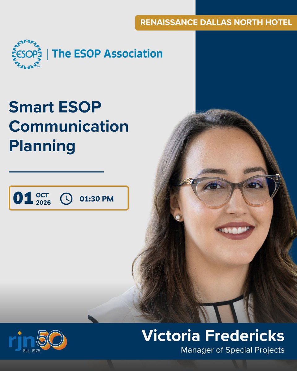 rjn_group's tweet photo. What does it take to build a strong ownership culture?

Join us at The ESOP Association Texas/Oklahoma Chapter 2026 Fall Conference on October 1 at 1:30 p.m., where Victoria Fredericks will present "Smart ESOP Communication Planning."
 
#ESOP #EmployeeOwnership #TheGroup https://t.co/E7qGmRoPiD