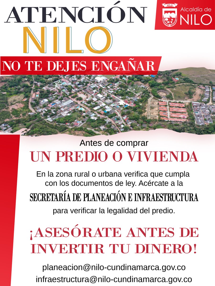 ALCALDIADENILO's tweet photo. Opten más información en la Alcaldía Municipal o en los correos oficiales de la Administración: planeacion@nilo-cundinamarca.gov.co  | infraestructura@nilo-cundinamarca.gov.co https://t.co/mFWvkLnmTt