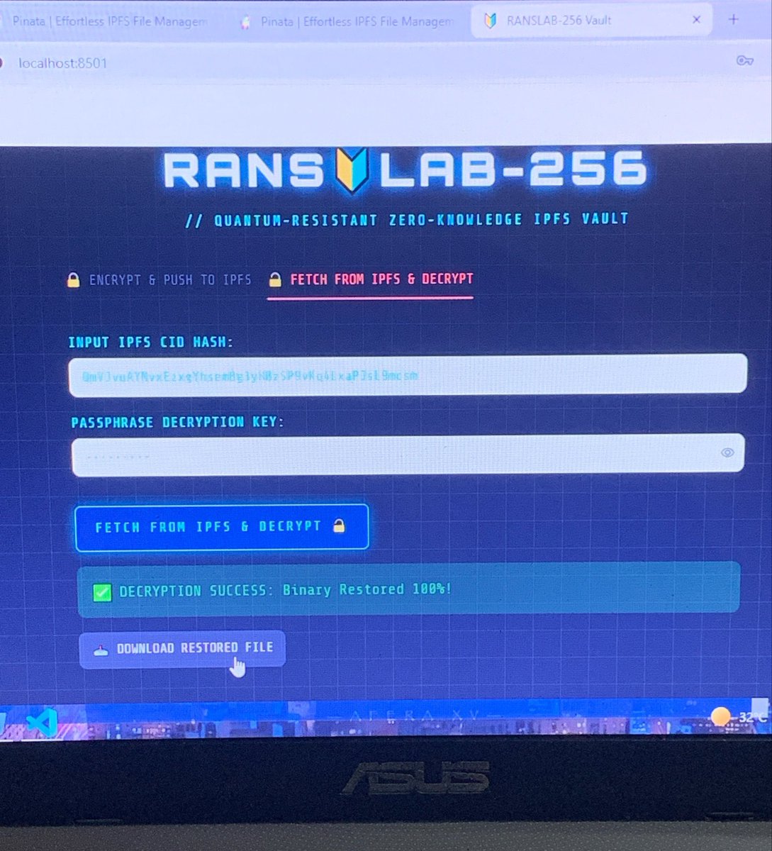 weclopedia's tweet photo. Just dropped an open-source tool combining InterPlanetary File System (IPFS) + Zero-Knowledge Client-Side Encryption (AES-256-GCM + PBKDF2) + Decentralized Vault storage.
Handle files up to 200MB securely, plug in your Pinata API, 

https://t.co/FW86Gg48nh https://t.co/bFleYVei5n