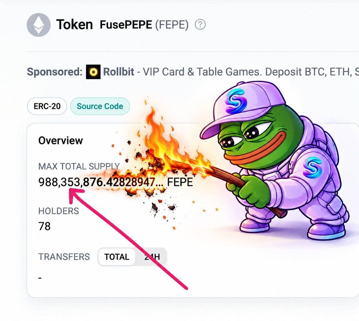 fusepepe's tweet photo. Over 1% of $Fepe has been burned through @fusi_ng  internal burning mechanism.

A portion of transaction fees from the platform is used to burn tokens launched on Fuse  and FEPE is already feeling the fire.

More burns. 
Less supply.

FUSE EVERYTHING. LET IT BURN 🔥 https://t.co/0L0VM0QGq3