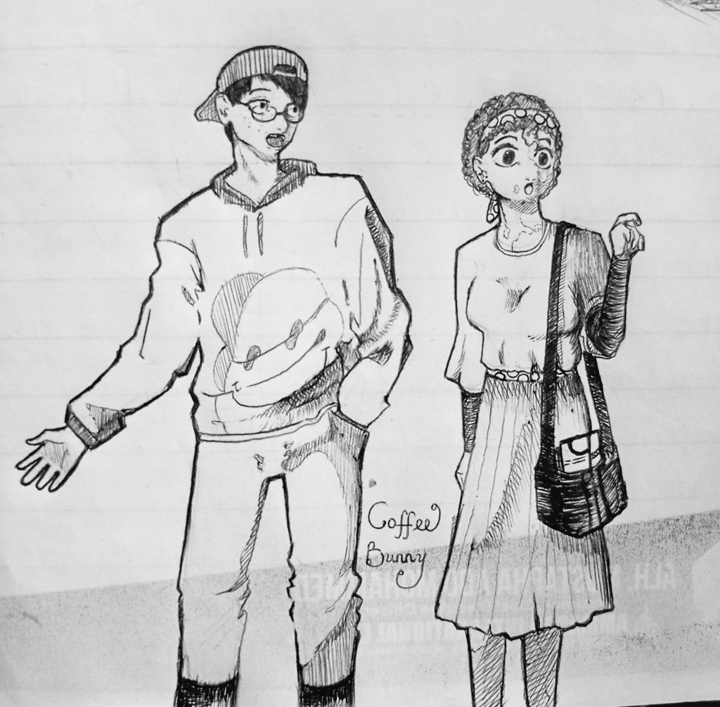 AxisandCoffee92's tweet photo. They're getting out of the bookstore, but Alheri just spotted another bestseller. Vik needs her to see the car is right there 🥱📚
#ocdrawing 
#inkdrawing  #characterdesignㅤ https://t.co/uGhluoOqec