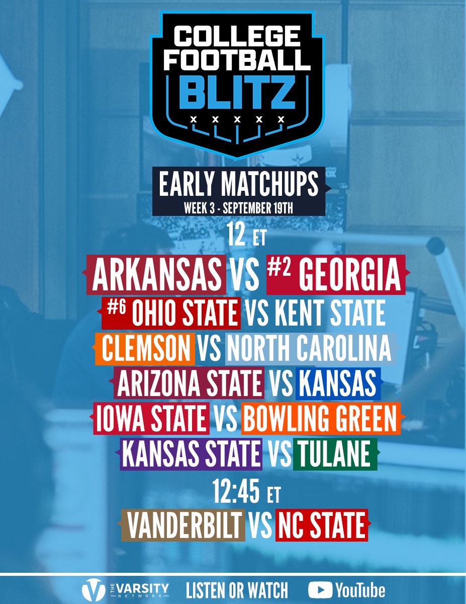 LEARFIELDAudio's tweet photo. The menu is set for Saturday - and it is juicyyy 🤤

We've got all the action Saturday from noon to midnight ET on the College Football Blitz!

📺: https://t.co/7Xs9Xv1UHK 
📷: @varsitynetwrk App https://t.co/Eiiwy2lRYD