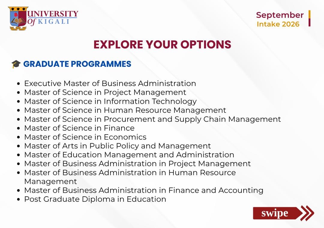 byukavuba's tweet photo. A new chapter starts with the right education🥰

At @UnivOfKigali, you can:

. Start your university journey
. Upgrade your qualifications
. Develop practical skills for your career
. Learn from experienced lecturers
. Benefit from flexible learning options

The goal is simple: equip you with knowledge and practical skills that prepare you for the world of work.

🚨 SEPTEMBER INTAKE IS NOW OPEN!

Don’t wait for the right opportunity. Create it by investing in your education today.

📞 Call/WhatsApp: +250 788 303 386 / +250 789 009 221
🌐 Apply: https://t.co/kPXTwoKI47

Take the next step with @UnivOfKigali.

#JoinUniversityOfKigali