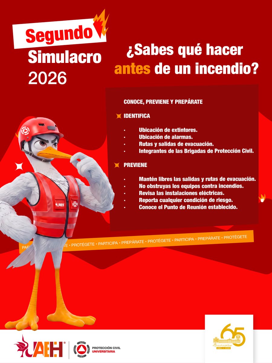 UAEH_OFICIAL's tweet photo. Estar preparados también es cuidarnos. 🔥🧯

Un incendio puede ocurrir en cualquier momento. Por eso, conocer cómo actuar antes, durante y después nos ayuda a responder de manera segura y organizada.

Este viernes 18 de septiembre a las 12:00 horas, participa en el #SegundoSimulacroNacional2026 y hagamos de la prevención una práctica que nos una.

#UAEH #GarzasCuidandoGarzas #SimulacroNacional