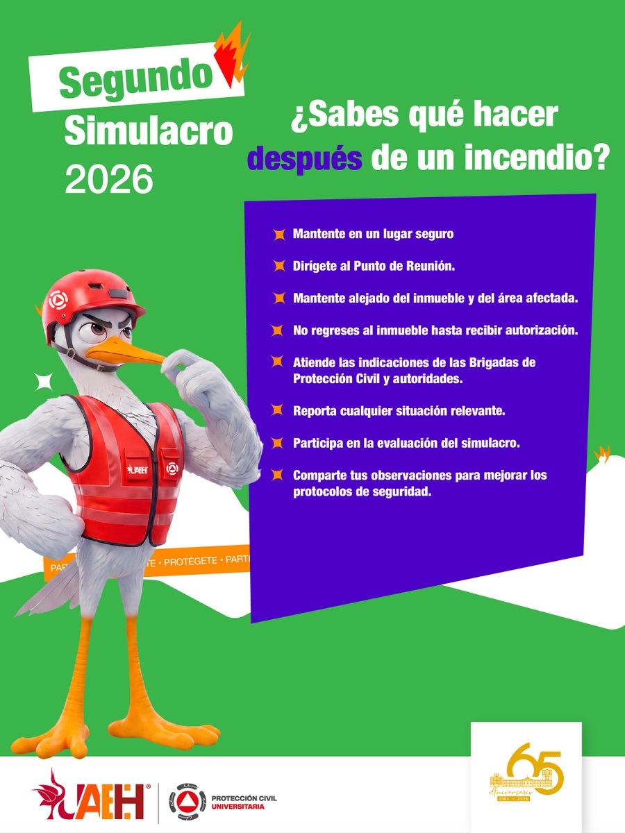 UAEH_OFICIAL's tweet photo. Estar preparados también es cuidarnos. 🔥🧯

Un incendio puede ocurrir en cualquier momento. Por eso, conocer cómo actuar antes, durante y después nos ayuda a responder de manera segura y organizada.

Este viernes 18 de septiembre a las 12:00 horas, participa en el #SegundoSimulacroNacional2026 y hagamos de la prevención una práctica que nos una.

#UAEH #GarzasCuidandoGarzas #SimulacroNacional