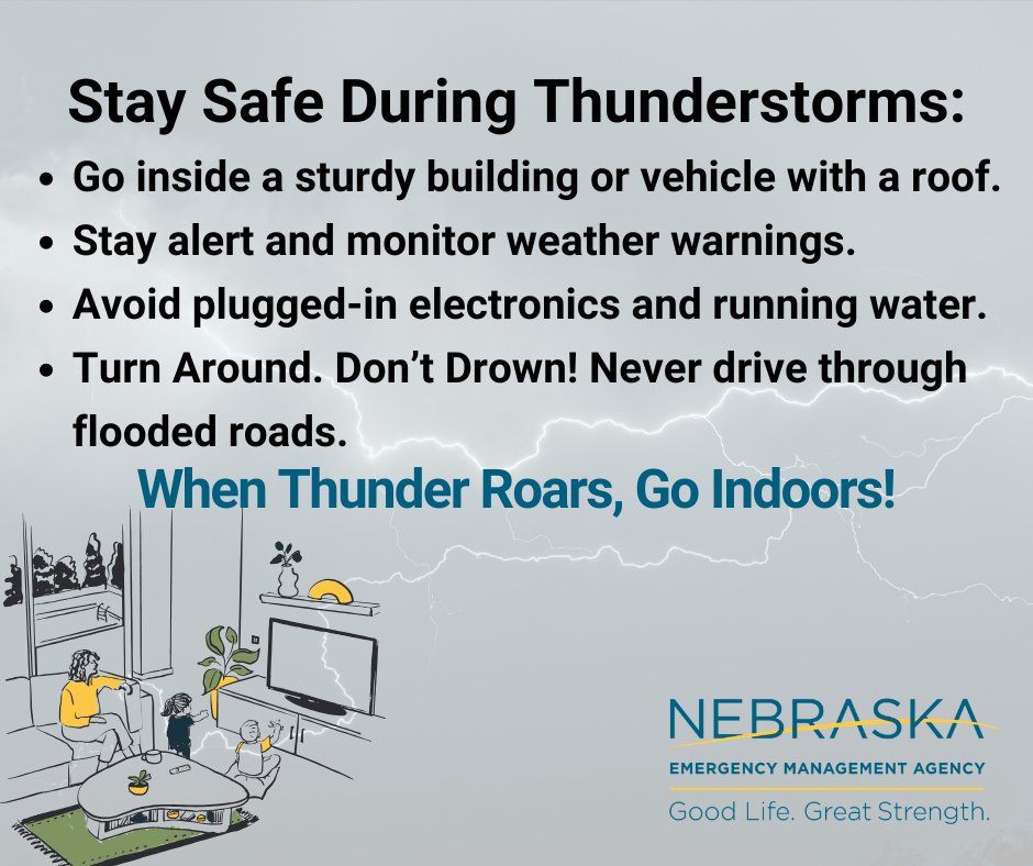 NEMAtweets's tweet photo. 🌩️Thunderstorm Safety Tip🌩️

Hear thunder? Go indoors! Stay away from windows, trees, and open areas. Avoid using electrical equipment and wait at least 30 minutes after the last thunder before heading back outside.

Stay safe and weather aware: https://t.co/8euiUwAyUE https://t.co/hKVs2zZWKy