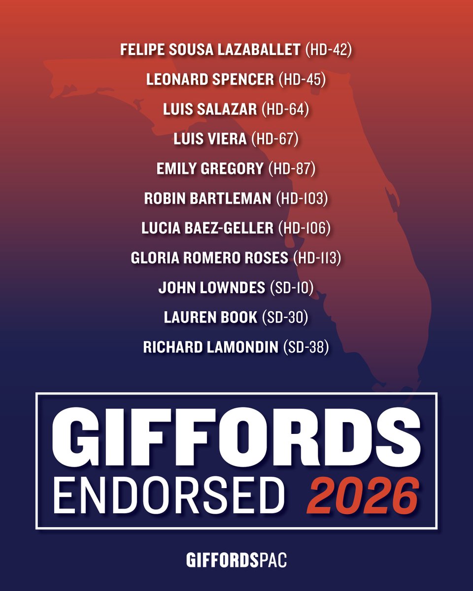 GIFFORDS_org's tweet photo. Survivors, parents, and advocates have fought tirelessly to improve Florida’s gun safety laws in the years since the shootings in Parkland and at Pulse Nightclub. Despite the clear, lifesaving impact, Republican leaders are now putting many of these gains in jeopardy.

This November, voters must elect gun safety champions who will hold the line and fight for public safety. We’re proud to endorse these candidates in their critical campaigns.