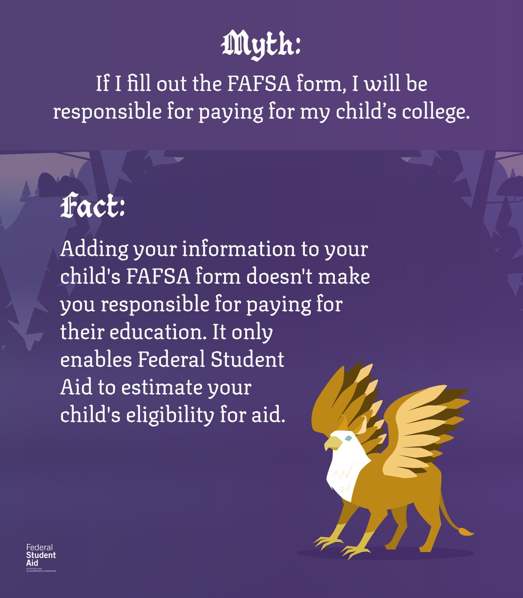 FAFSA's tweet photo. The updated FAFSA form is now faster and easier to complete.​

Separate fact from fiction and learn the truth behind some of the most common FAFSA myths. (1/2) https://t.co/ha4H3WGF0j
