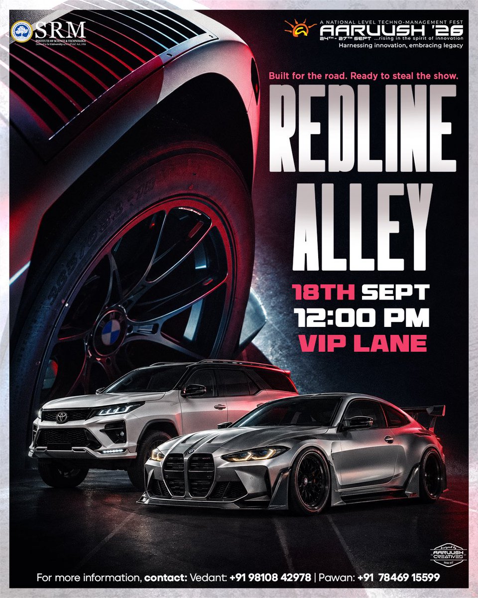 aaruushsrmist's tweet photo. Celebrating the power, design, and passion behind every machine.
REDLINE ALLEY brings striking cars and exclusive displays celebrating the engineering culture.
Date: 18 September 2026
Time: 12 P.M.
Venue: VIP Lane
#RedlineAlley #AutoExpo #seeyouattheevent #Aaruush #SRMIST https://t.co/BqwIrv36v6