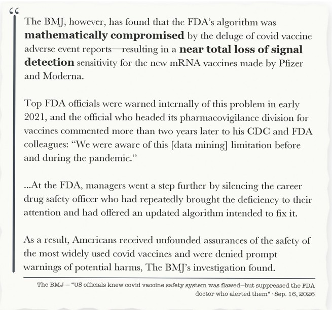 ABIndependence's tweet photo. This news is almost unbelievable - almost except those of us smart enough to mistrust "The Corrupt Science" during Covid knew something was wrong - very, very wrong. 
Ana Szarfman, the one FDA scientist who, on her own realizing the faulty system, decided to do independent vaccine analyses using VAERS was told “to cease and desist, because the strategy that she is using could create erroneous conflicts that feed in to anti-vaccination rhetoric. For two years she continued to email her FDA bosses to tell them the reporting system was broken – THEY SHUT HER DOWN - All the while “they kept assuring the public the jabs were the most studied and safest vaccines in history.”
Will we ever regain our trust in The System? It is a terrible thing to realize but the answer is NO, NEVER.