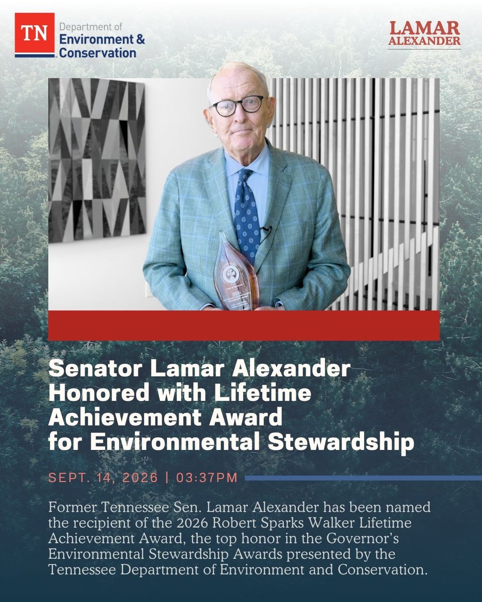 SenAlexander's tweet photo. I was grateful to receive the Governor's Lifetime Stewardship Environmental Award, but in truth, I should have been honoring Gov. Bill Lee. Like Gov. Bill Haslam before him, Bill Lee has been a conservation governor. He expanded and improved maintenance of state parks, used agricultural easements to create more conservation land, encouraged economic development in non-brownfields instead of greenfields, built mountain biking trails on National Forest Service lands, and persuaded the legislature to appropriate $12 million for the Institute for Conservation Leadership and the Sciences at Maryville College to train a new generation of outdoor leaders.

Tennesseans have many things to be proud of, but at the top of the list is the Great Tennessee Outdoors. More Tennesseans have hunting and fishing licenses than vote in our party primaries. It is good to have leadership that preserves these outdoor experiences for ourselves and the next generations.

You can learn more here: https://t.co/61MiVPWO0F

In THE EDUCATION OF A SENATOR: FROM JFK TO TRUMP, I paint portraits of the presidents I worked with, tell stories about what I saw behind the scenes, and recount the lessons I learned about American politics and our country’s future.

THE EDUCATION OF A SENATOR: FROM JFK TO TRUMP is available now from @PostHillPress. 

You can use this link to order: https://t.co/2zBcn6BcQQ