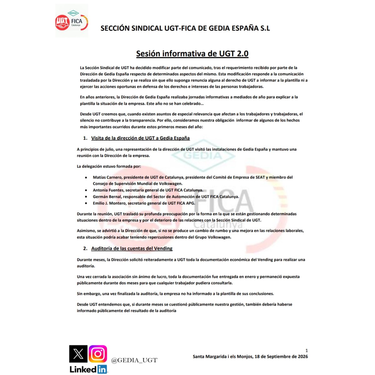 Gedia_ugt's tweet photo. Desde Gediaugt os queremos hacer un resumen de lo que llevamos de año en Gedia España S. L. y también informaros de la situación de varios procesos que están abiertos.
No dudéis preguntar cualquier duda a vuestros delegados de Gediaugt.
La verdad es es único camino.
💪🏻💪🏻💪🏻 https://t.co/9GBNJL8w8Z