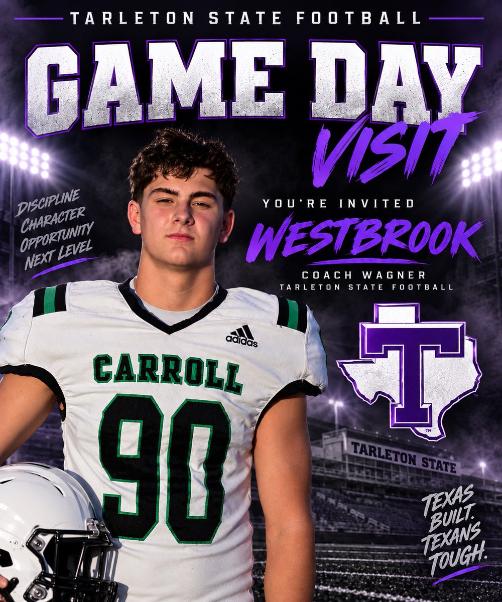 WestbrookGrandy's tweet photo. Tarleton State! Appreciate @CoachDJWagner  the opportunity. Excited to get to Stephenville and learn more about the Texans! 🟣⚪️ #AGTG

@SLC_Recruiting
 @leemunn87 
@CoachAyers_
@CoachRazloznik @feedthesharks40
@TheDivineOne_ 
 @CarrollDragonFB
@_EliteProspects https://t.co/DZO9hOBDac