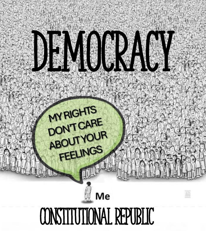 AwakenedOutlaw's tweet photo. It's a good day to remind those who may have forgotten (or d/n know) that America is a constitutional republic, NOT a democracy.

In layman's terms, a democracy is majority rule; a constitutional republic is limited govt under a written constitution.  

This is impt because the former can result in the so-called 'tyranny of the majority', as a simple majority can vote to remove the rights of the minority, while a republic constrains that.

In short, a constitutional republic prioritizes the constitution even when a majority votes otherwise.