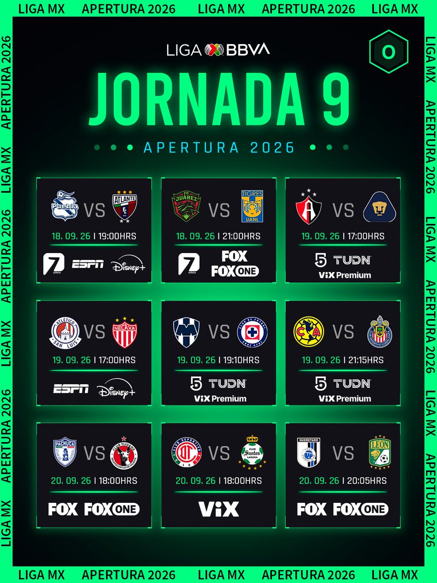 oscargspa's tweet photo. Así se jugará la Jornada 9 del Apertura 2026 en la Liga MX. 

Destacan los enfrentamientos América vs Chivas el sábado y Cruz Azul visitando a Monterrey el domingo. 🗓️

¿Quiénes se llevan los clásicos? Los leo. 👇

#oscarmedelsports #LigaMX #Apertura2026 https://t.co/H0am21ay51