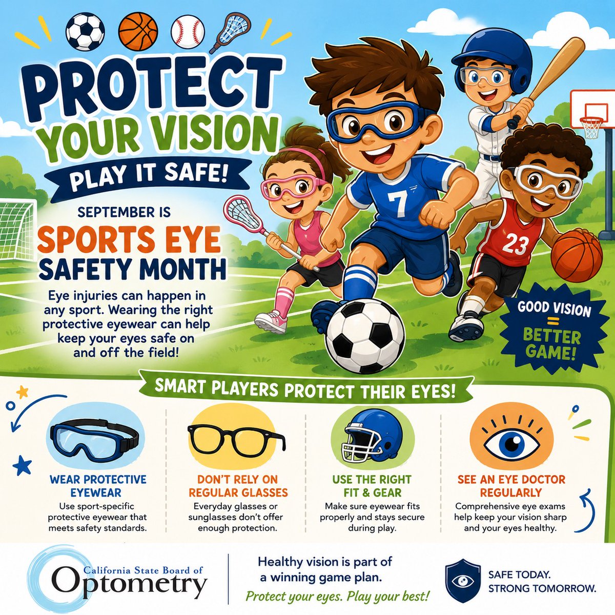 CAOptometry's tweet photo. 🏀👁️ September is Sports Eye Safety Month!
Protect your eyes and keep your vision in the game with sport‑specific eyewear.
Play smart, play safe! 🥽💪
#SportsEyeSafetyMonth #ProtectYourVision #EyeHealth https://t.co/FkdwkLDepT
