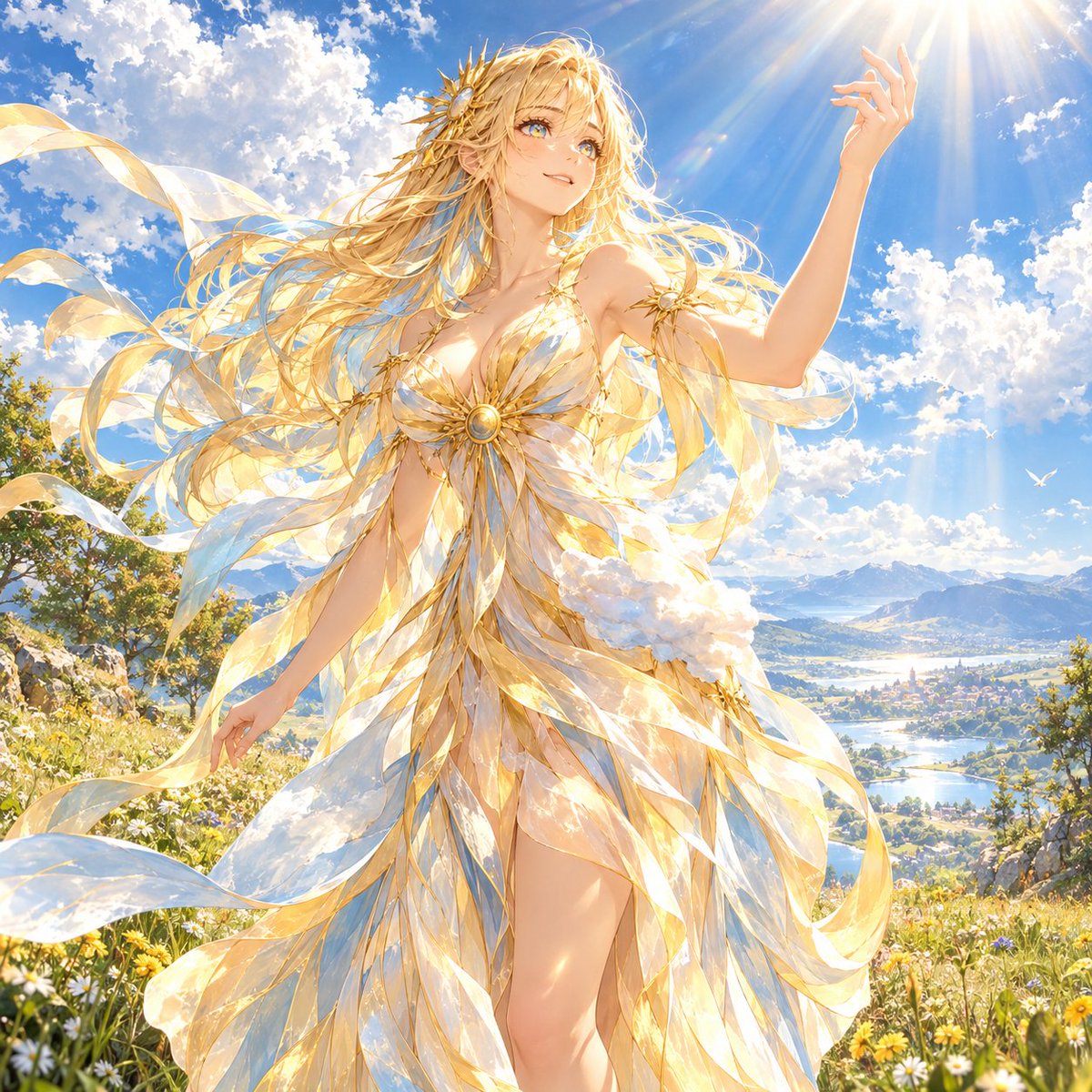 AnimeGirlADay's tweet photo. Meet Daya, the embodiment of the "Day" concept.
When the radiant sun shines high above, the sky turns a brilliant blue, white clouds drift overhead, and every living thing on Earth awaken to the warmth of day, that is when Daya thrives—a time she cherishes dearly.
#day #animegirl #anime #AI #AIart