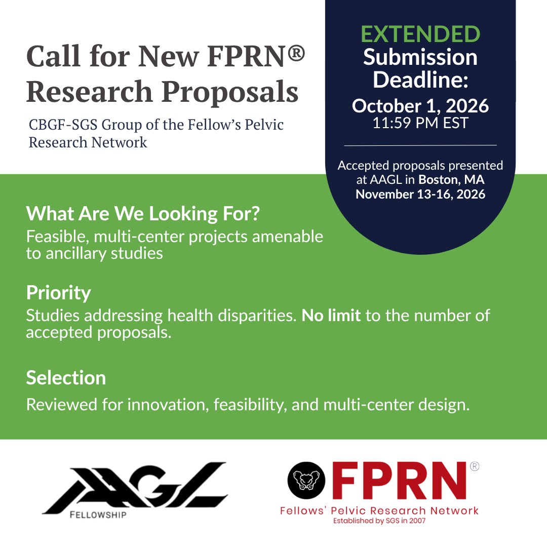 GynSurgery's tweet photo. CBGF-SGS fellows, the deadline to submit your research proposals has been extended! If you didn't quite make the original deadline, you can still get your proposals in for a chance to present your work at AAGL in Boston, MA.

The new deadline is Oct 1! 🔗https://t.co/eSPxE5Bm26 https://t.co/SNs09pqdHQ