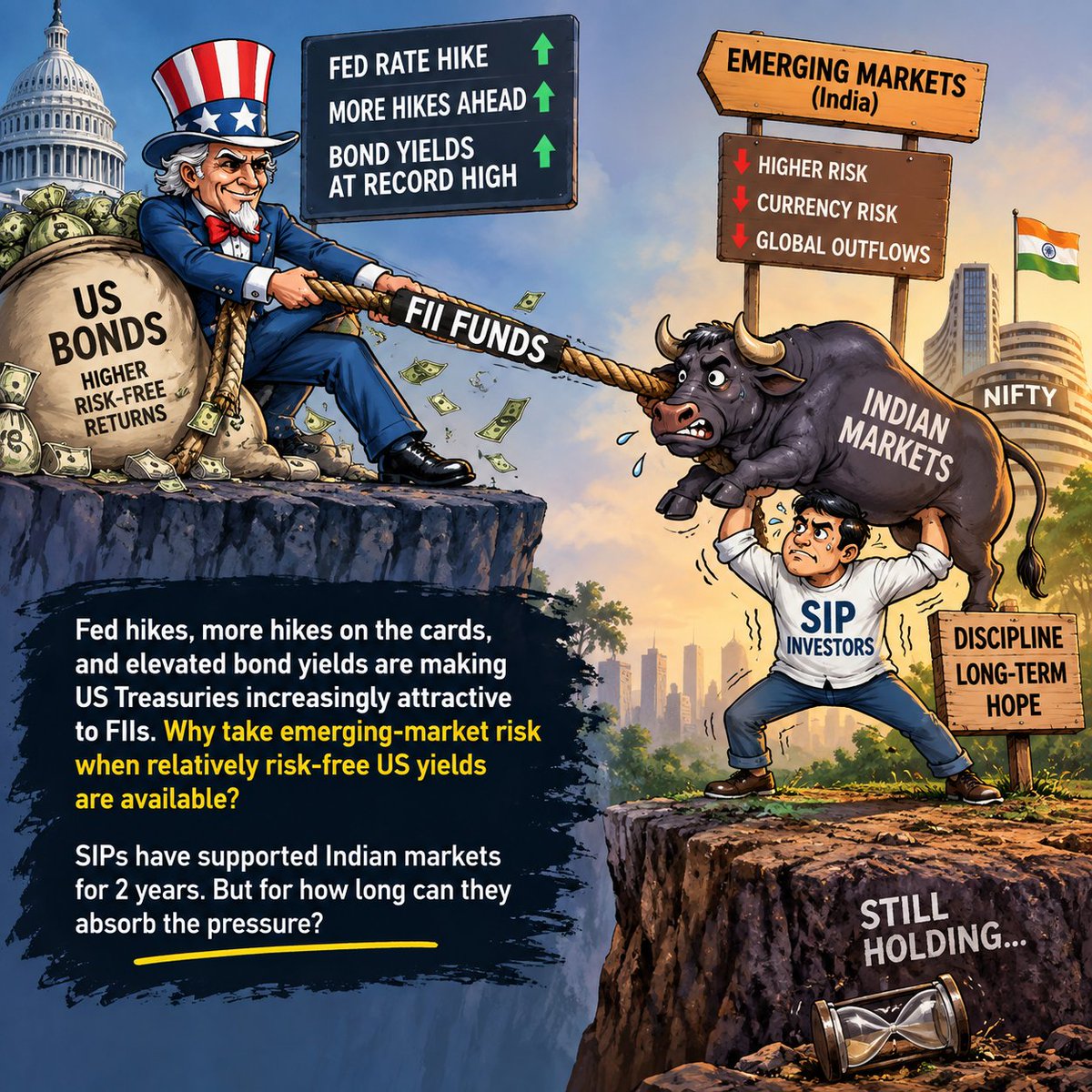 sitikanthan's tweet photo. Fed hikes again, more likely coming. US 10-yr yields near multi-year highs, giving FIIs a near risk-free dollar return hard to beat in EMs like India. FIIs stay net sellers. SIPs have been the only thing holding up Indian markets for 2 years. How long can that last? https://t.co/6VtwCQFRWE
