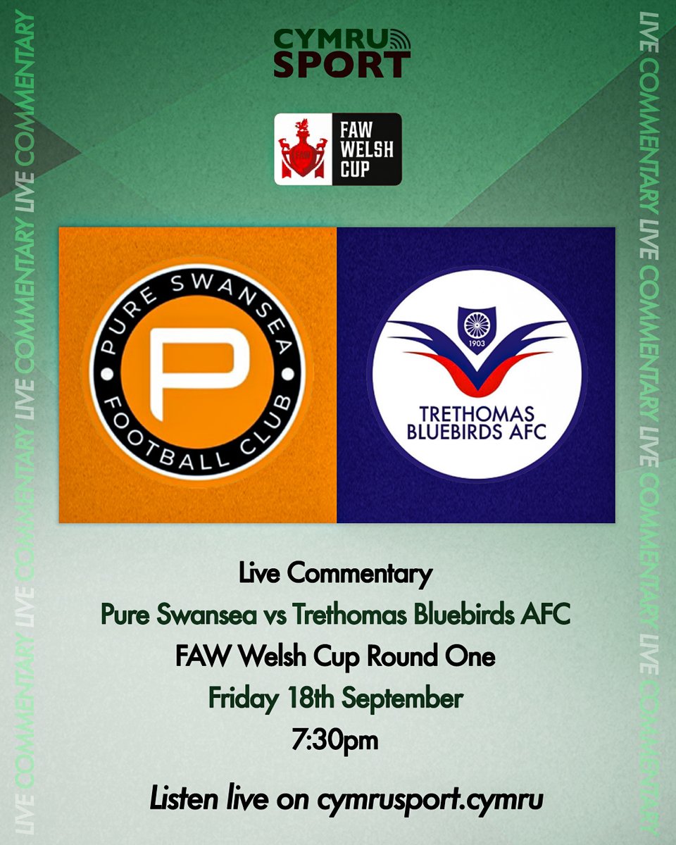 cymru_sport's tweet photo. 🎙️ Friday night football coming up on Cymru Sport, as we bring you live commentary from the FAW Welsh Cup Round One. 

Join Tom, Gareth and Geraint as @PureSwanseaFC face @TreBluebirdsFC, 7:30pm kickoff.

Listen live on the Cymru Sport website!

https://t.co/6LkHj1qmtv https://t.co/vj5uz43hnc