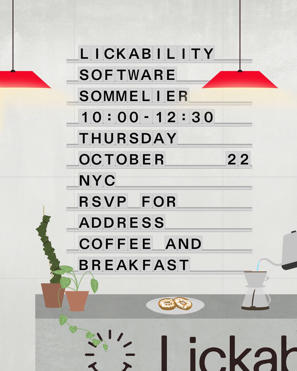 lickability's tweet photo. Software Sommelier is back during New York App Week!

Join us Thursday, October 22nd for a cozy, caffeinated design lab where we’ll workshop your product over coffee &amp; breakfast.

RSVP at the link below for address and details! ☕ 😋

https://t.co/gDOpQUcrGx https://t.co/DFgOc0rO2B